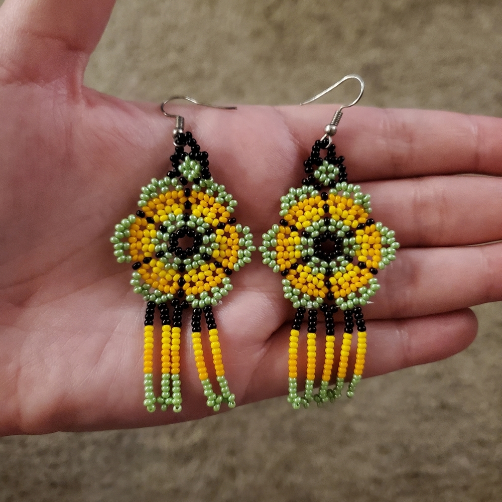 Traditional Mexican Handcrafted Flower Beaded Dangle Earrings
